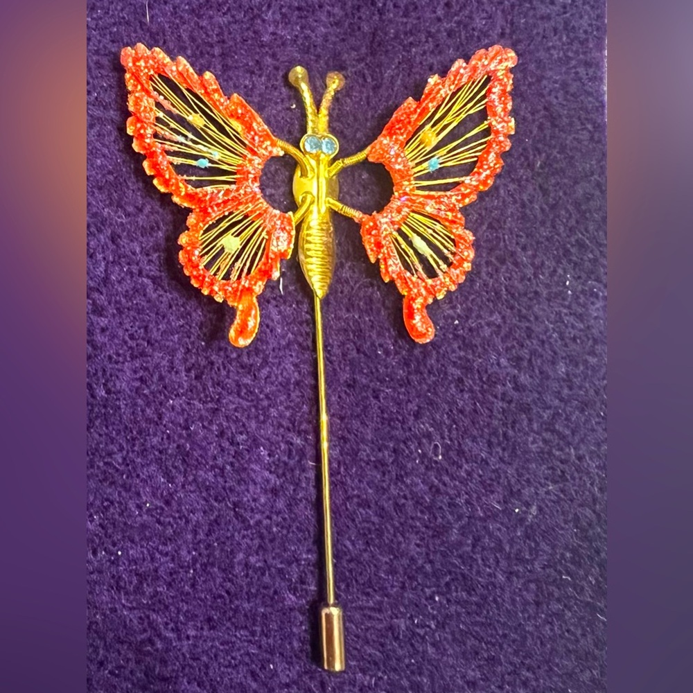 Large Butterfly Trembler Lapel Stick Pin Vintage Gold Tone Red/orange Glitter